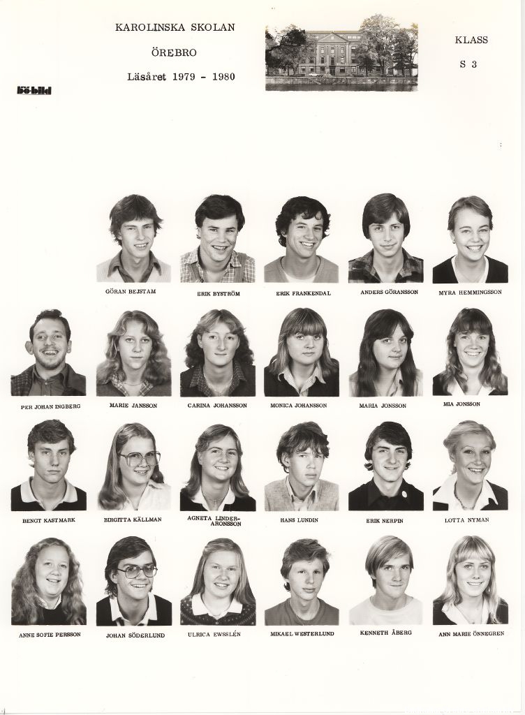 Porträttbilder från en gymnasieklass. Överst en bild på Karolinska skolans huvudbyggnad.