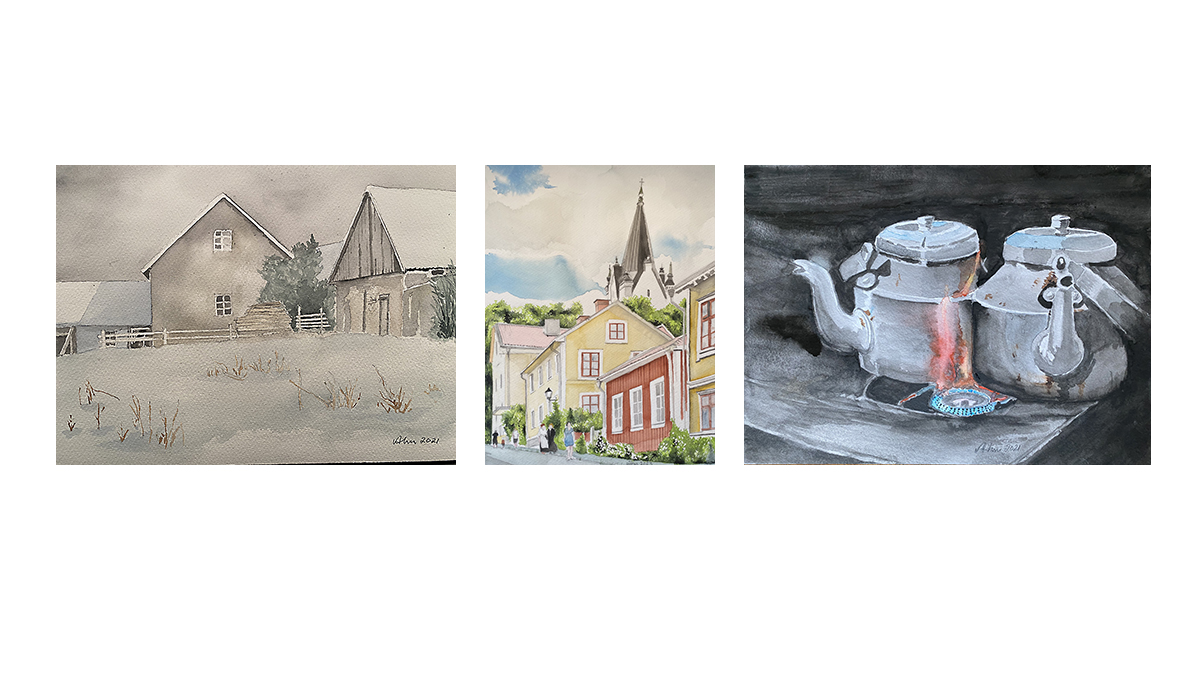 Tre målningar: två målningar föreställer hus och en målning föreställer kaffepannor