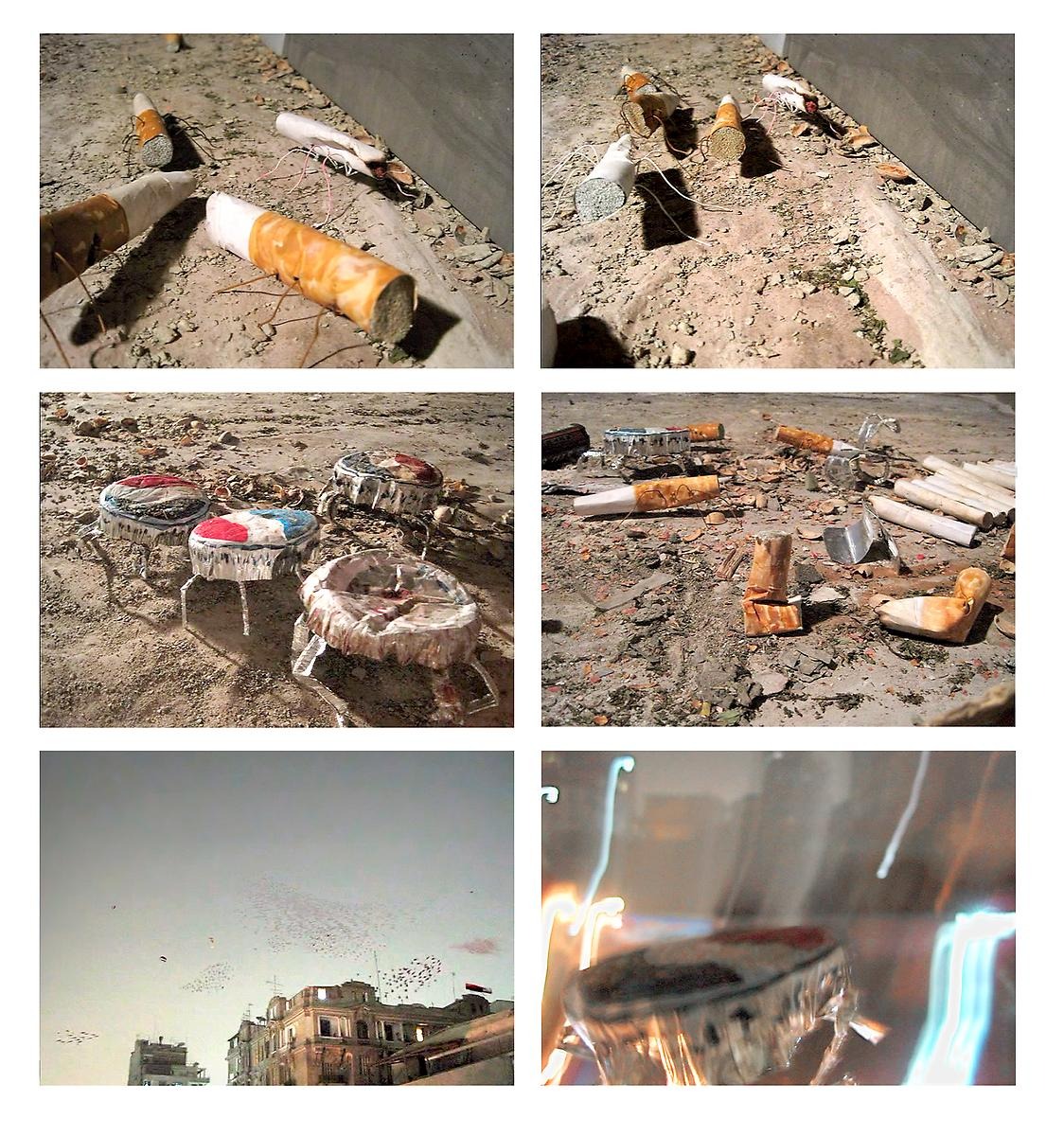Ett bild collage av sex fotografier innehållandes cigaretter och kapsyler som fått ben så de ser ut som myror.